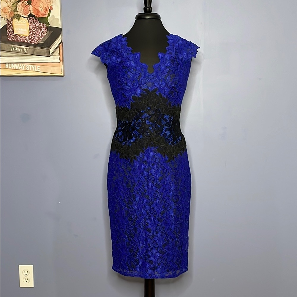 Tadashi Shoji Blue and Black Lace Midi Dress